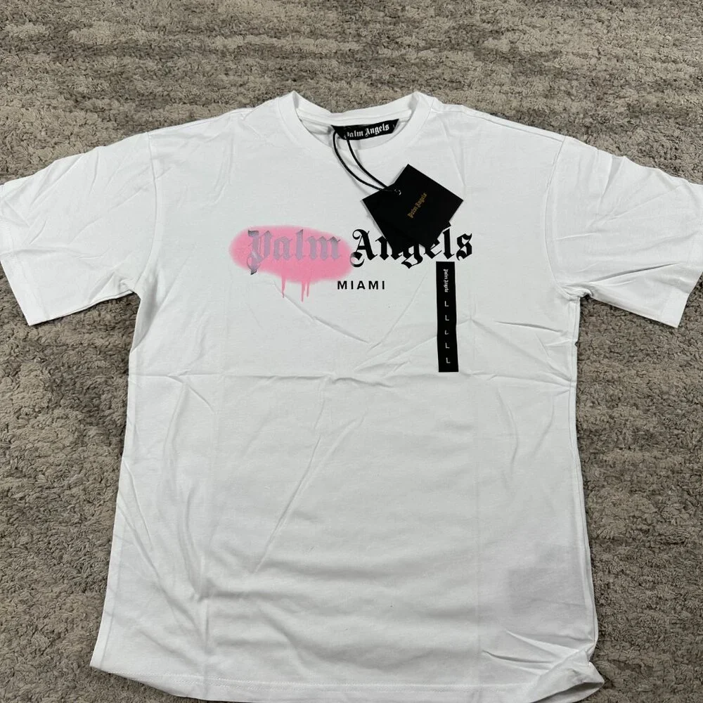 Palm Angels Pink Graffiti Miami White T-Shirt Size Large